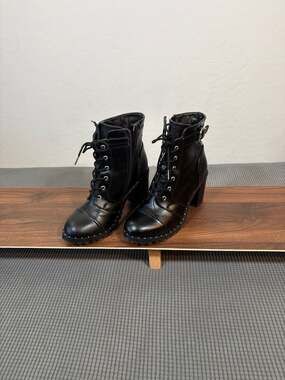 Diba Women's Carryn Black Studded Lace-Up Heeled Combat Ankle Boots